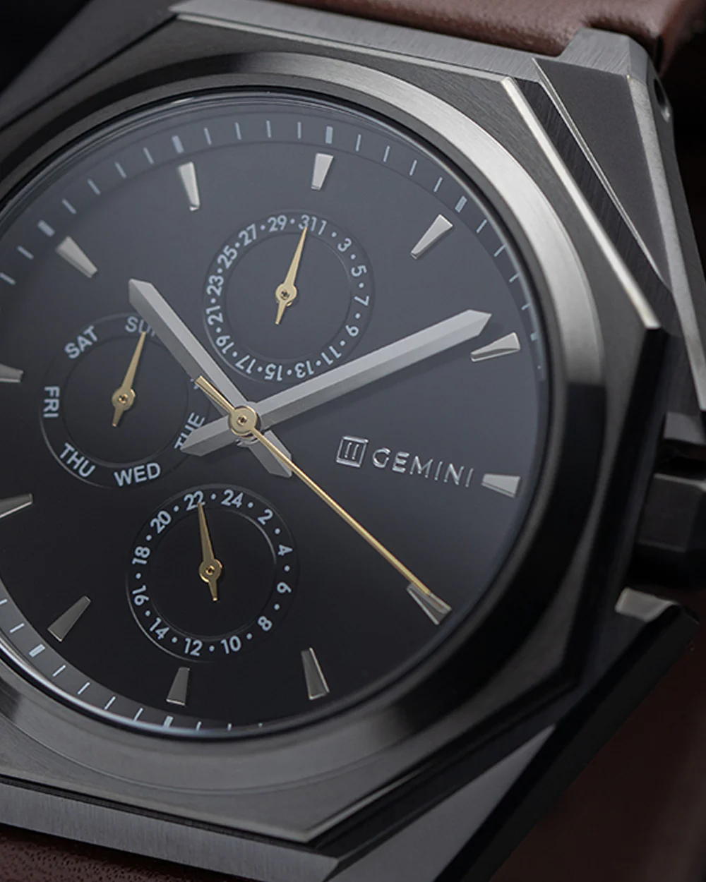 44mm dark grey steel watch with brown Italian leather strap - Image 10