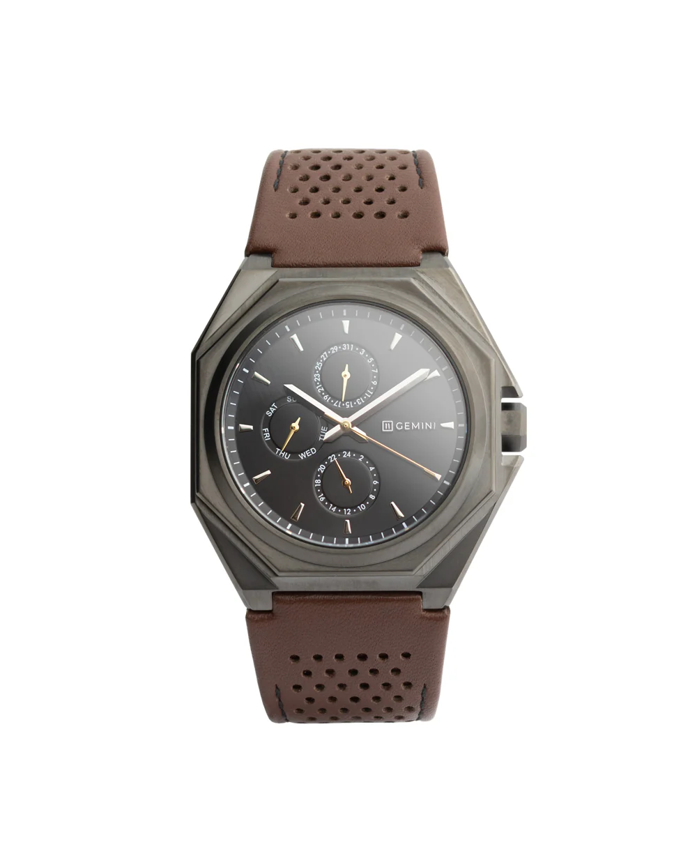44mm dark grey steel watch with brown Italian leather strap - Image 11