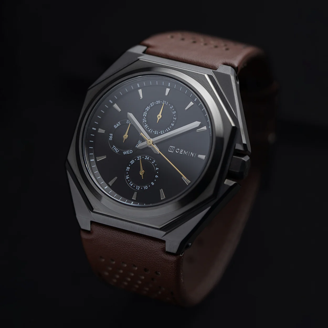44mm dark grey steel watch with brown Italian leather strap - Image 2