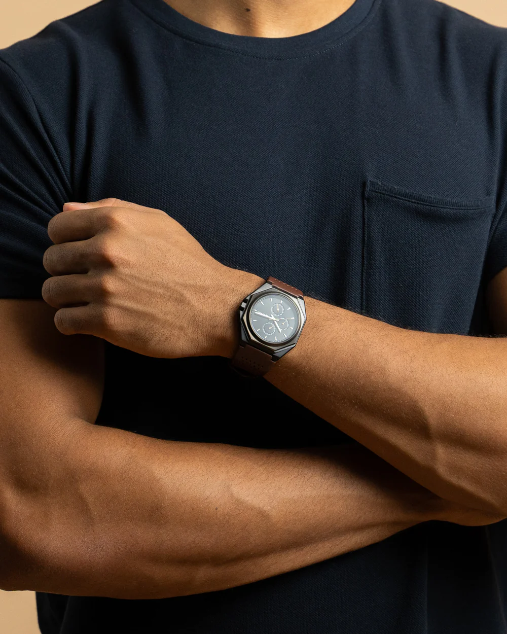 44mm dark grey steel watch with brown Italian leather strap - Image 3