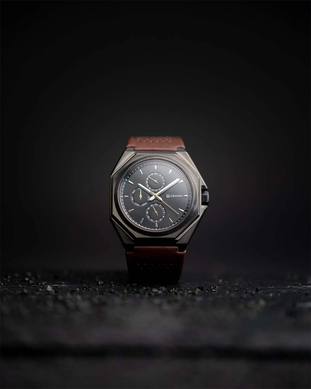 44mm dark grey steel watch with brown Italian leather strap - Image 8