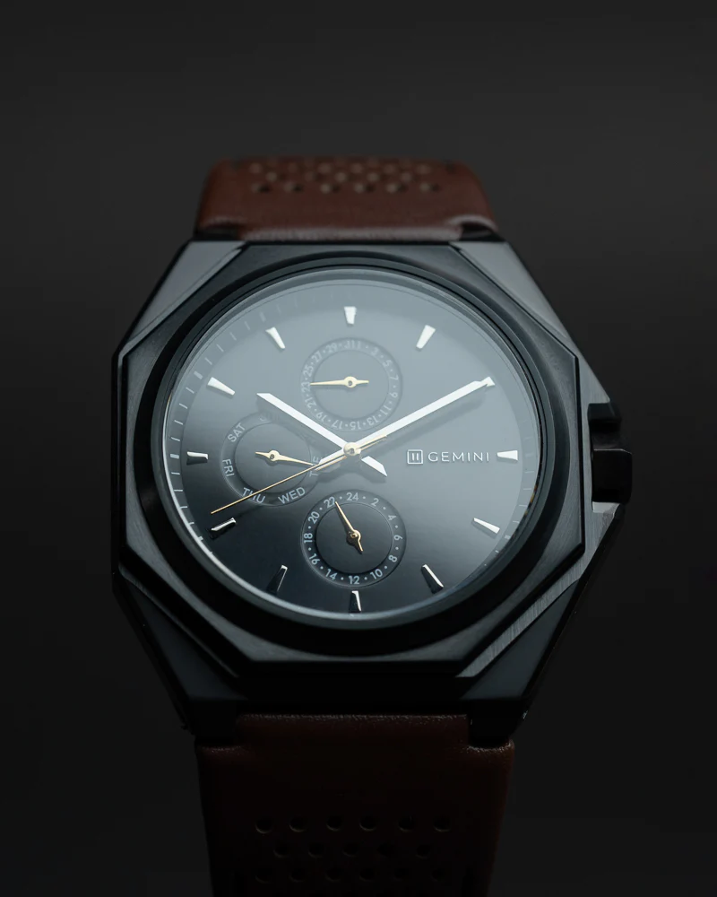 44mm dark grey steel watch with brown Italian leather strap - Image 9