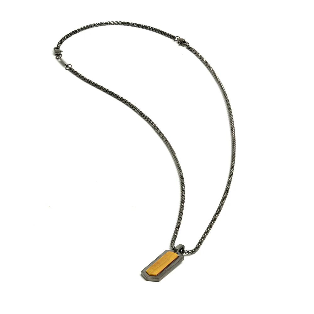 Black stainless steel necklace with a Tiger Eye stone - Image 4