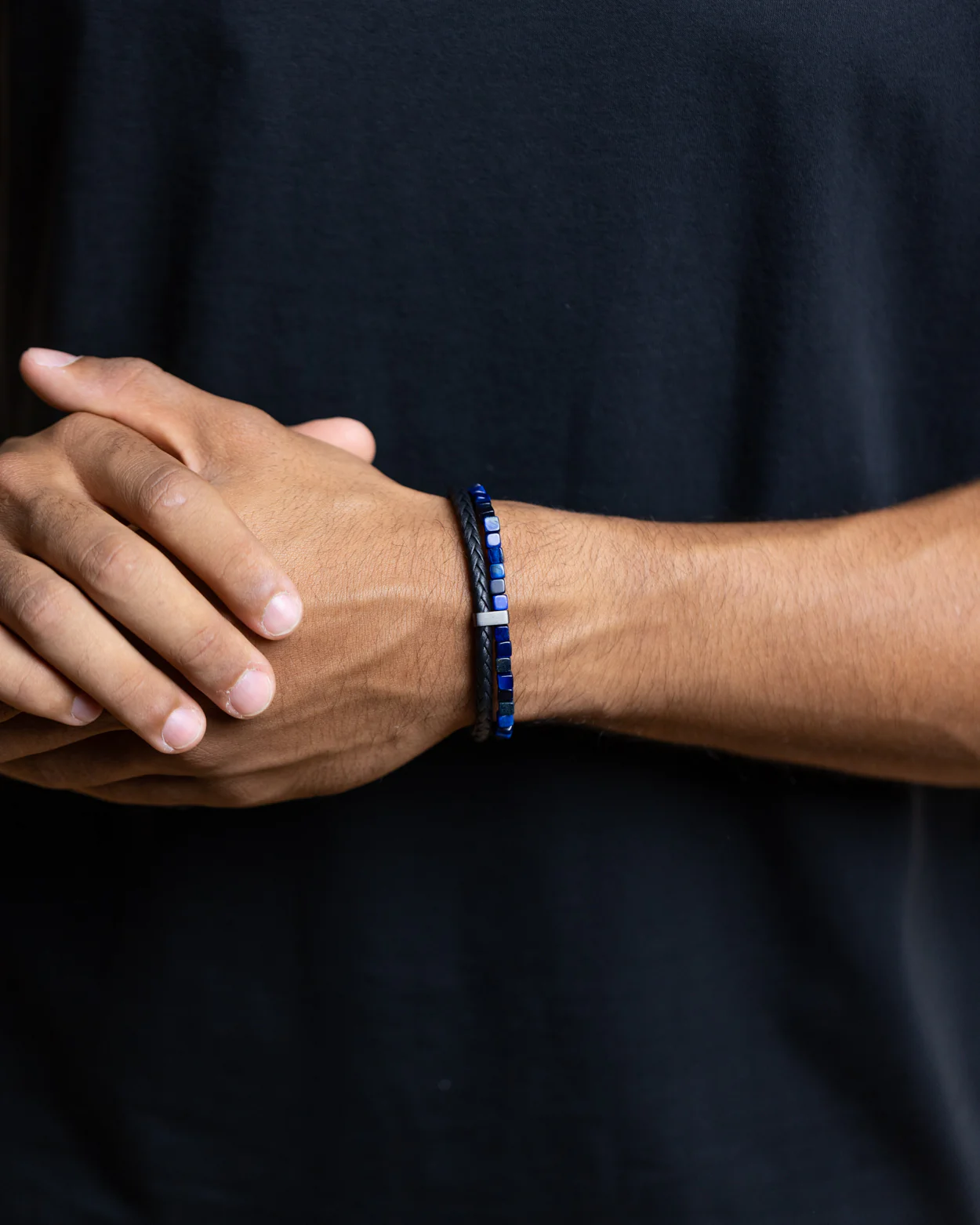 Double bracelet with black Italian leather and blue Tiger Eye stone - Image 2