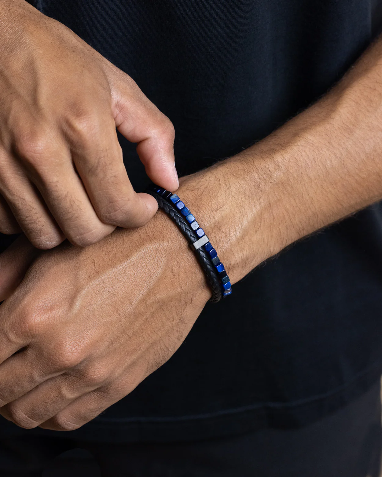 Double bracelet with black Italian leather and blue Tiger Eye stone - Image 5
