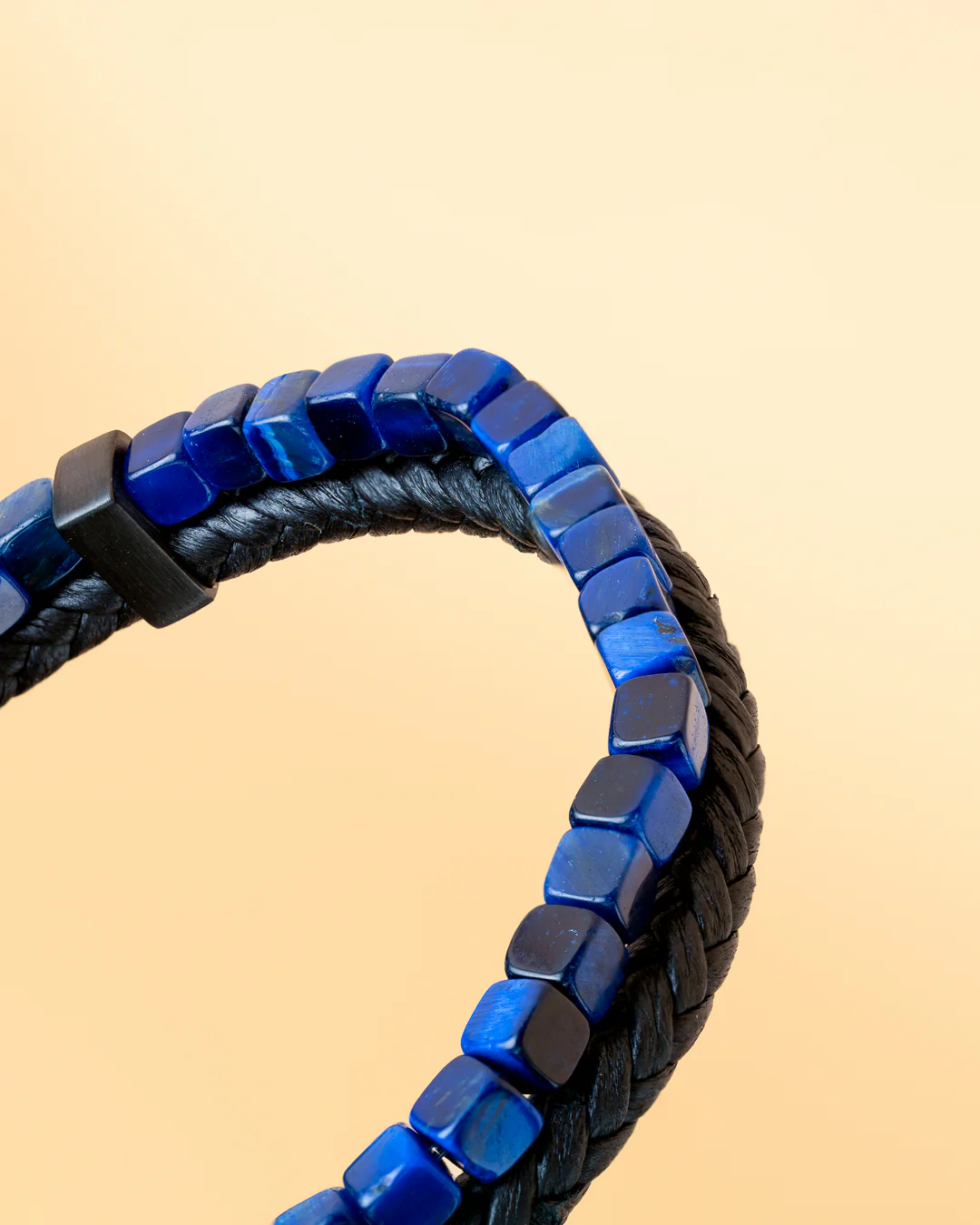 Double bracelet with black Italian leather and blue Tiger Eye stone - Image 6