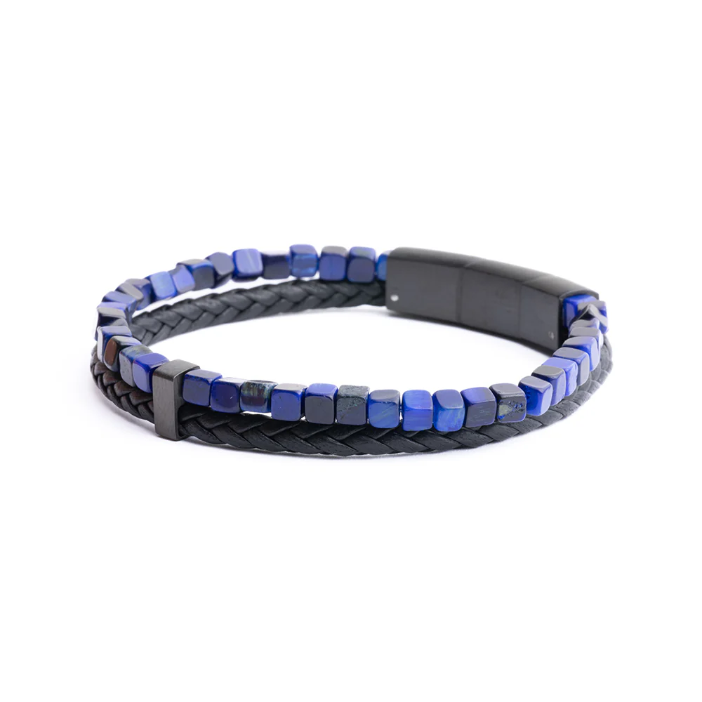 Double bracelet with black Italian leather and blue Tiger Eye stone - Image 7