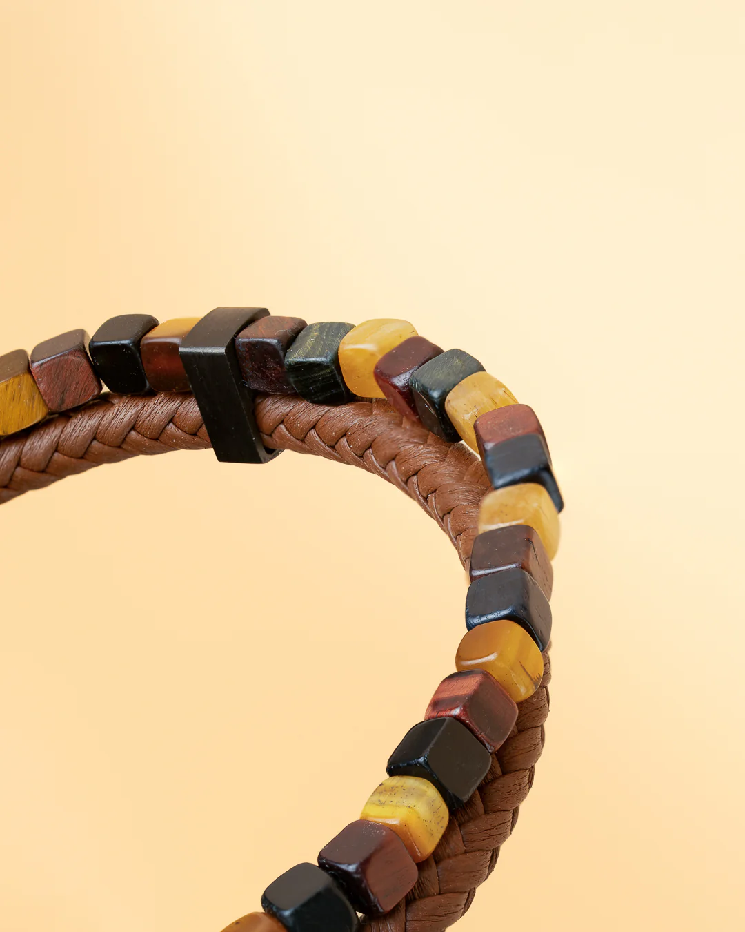 Double bracelet with brown Italian leather and 3 shades of Tiger Eye stone - Image 4