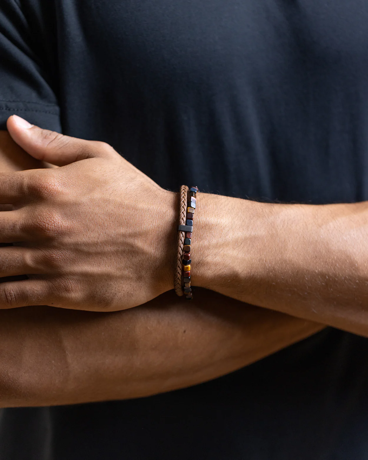Double bracelet with brown Italian leather and 3 shades of Tiger Eye stone - Image 5