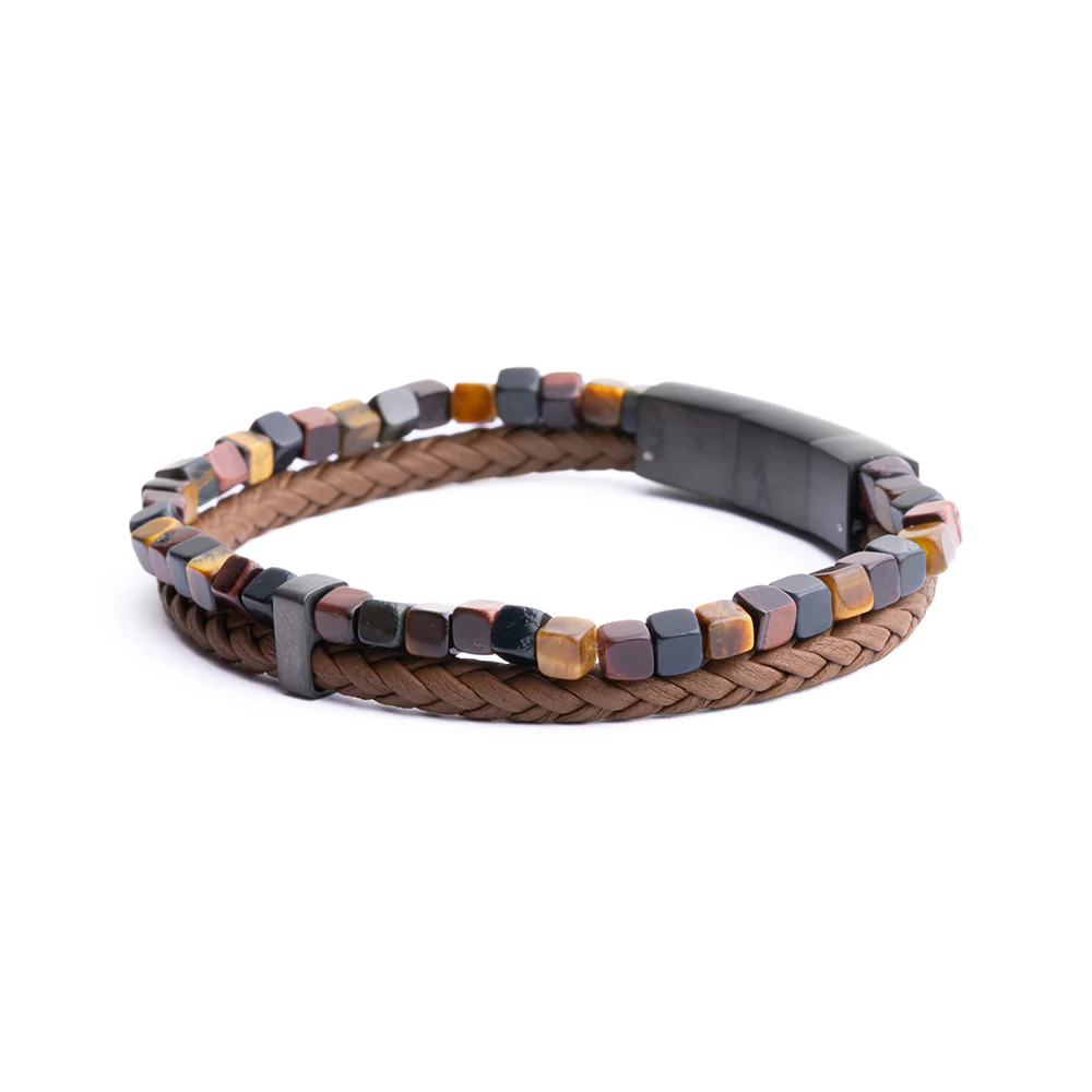 Double bracelet with brown Italian leather and 3 shades of Tiger Eye stone - Image 6