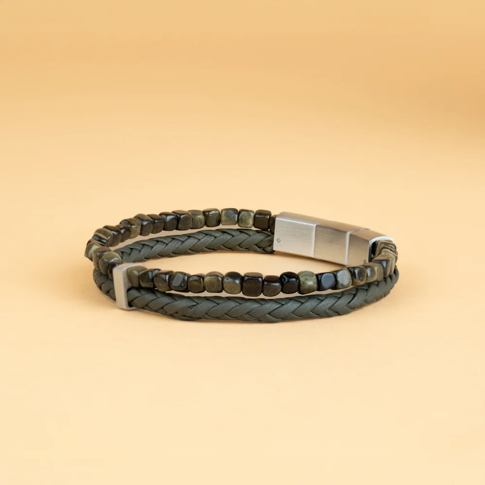 Double bracelet with green Italian leather and Obsidian stone
