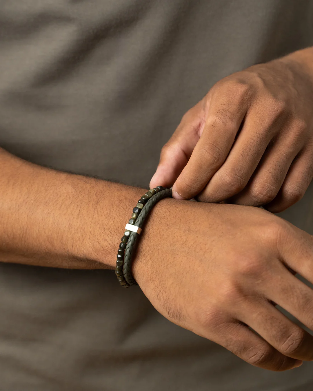 Double bracelet with green Italian leather and Obsidian stone - Image 2