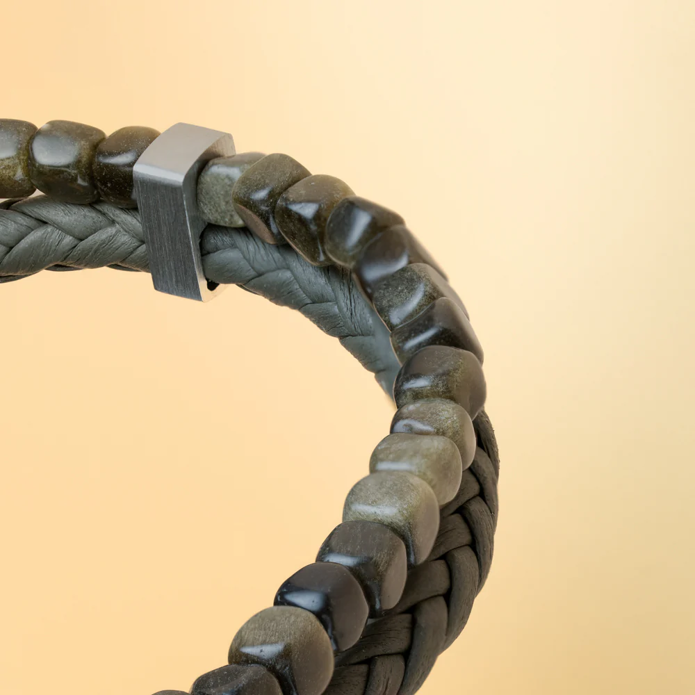 Double bracelet with green Italian leather and Obsidian stone - Image 5