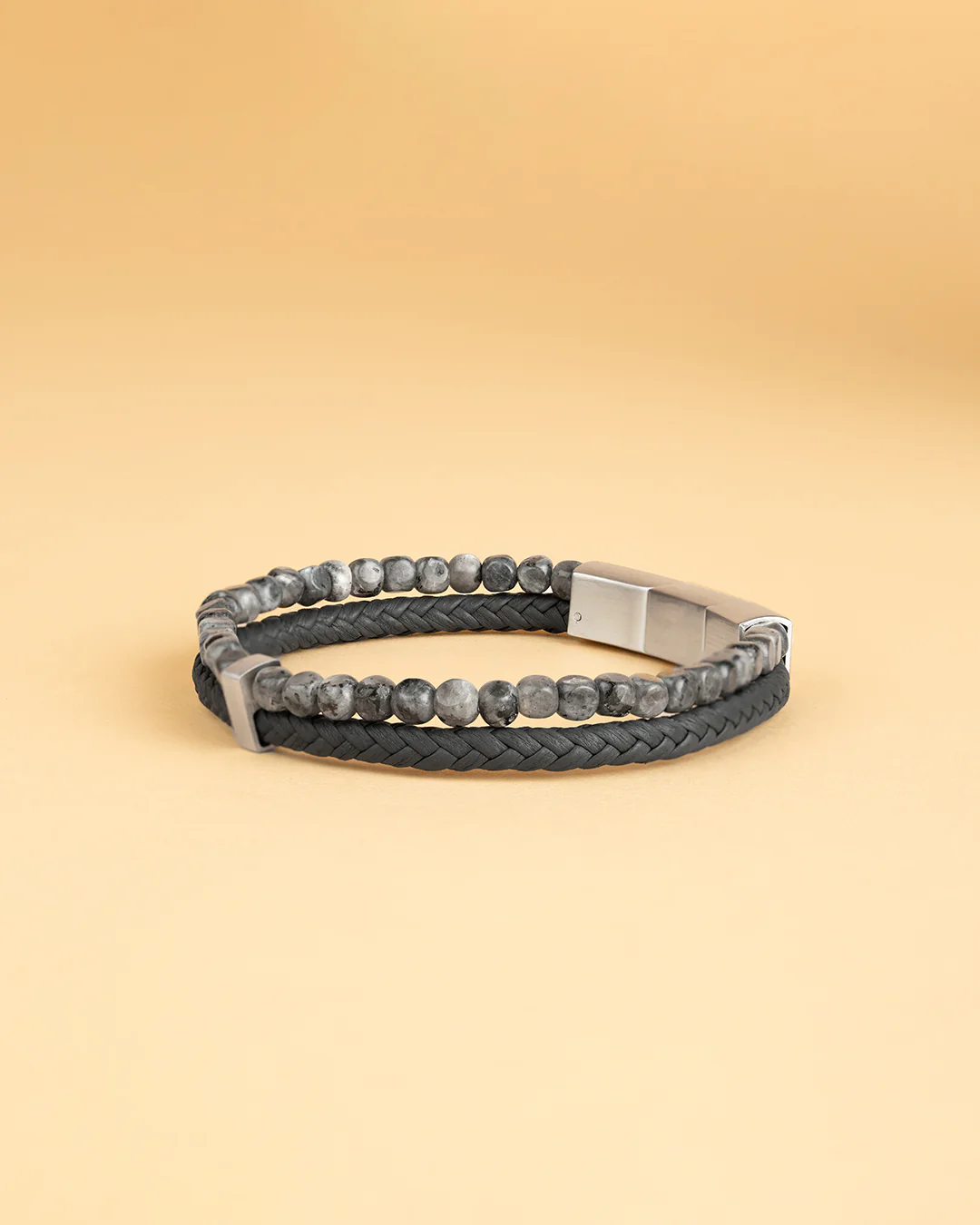 Double bracelet with Italian leather and 4mm Larvikite stone