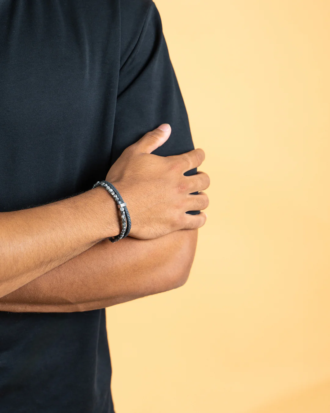 Double bracelet with Italian leather and 4mm Larvikite stone - Image 2