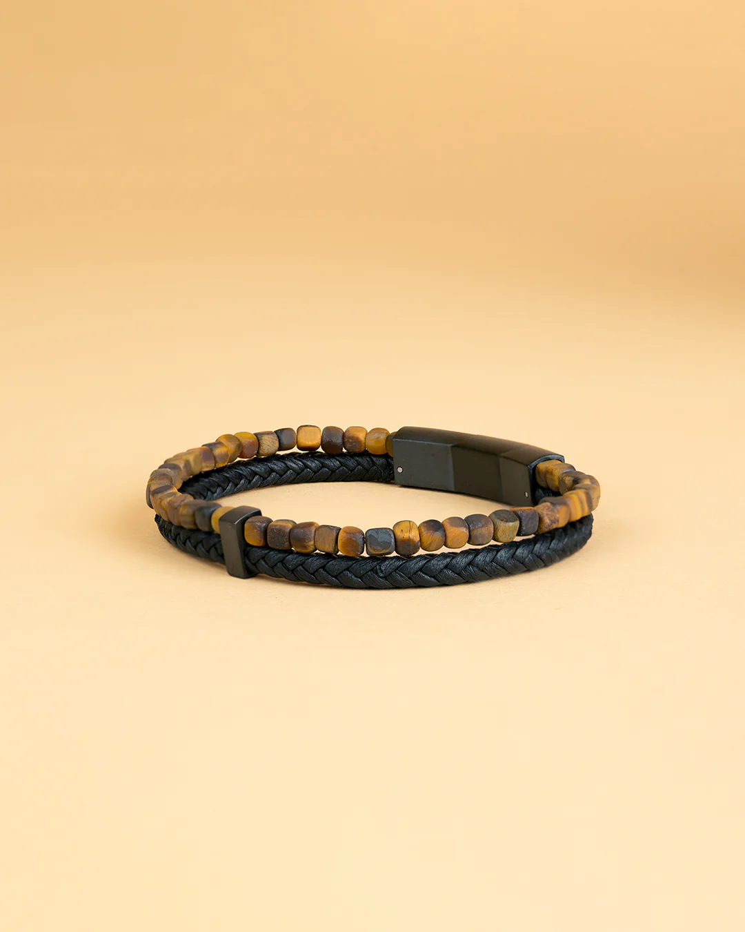 Double bracelet with black Italian leather and 4mm Tiger Eye stone
