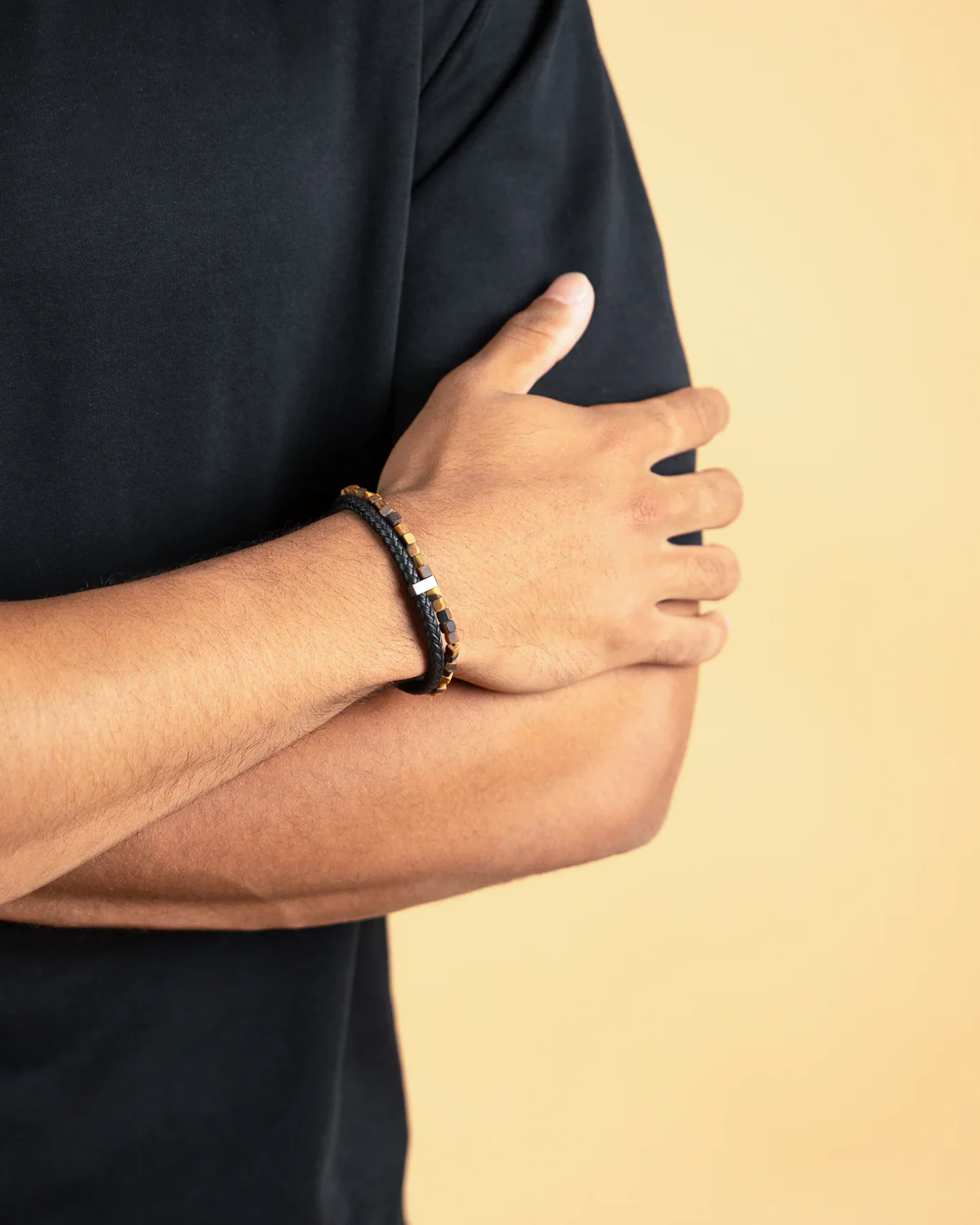 Double bracelet with black Italian leather and 4mm Tiger Eye stone - Image 2
