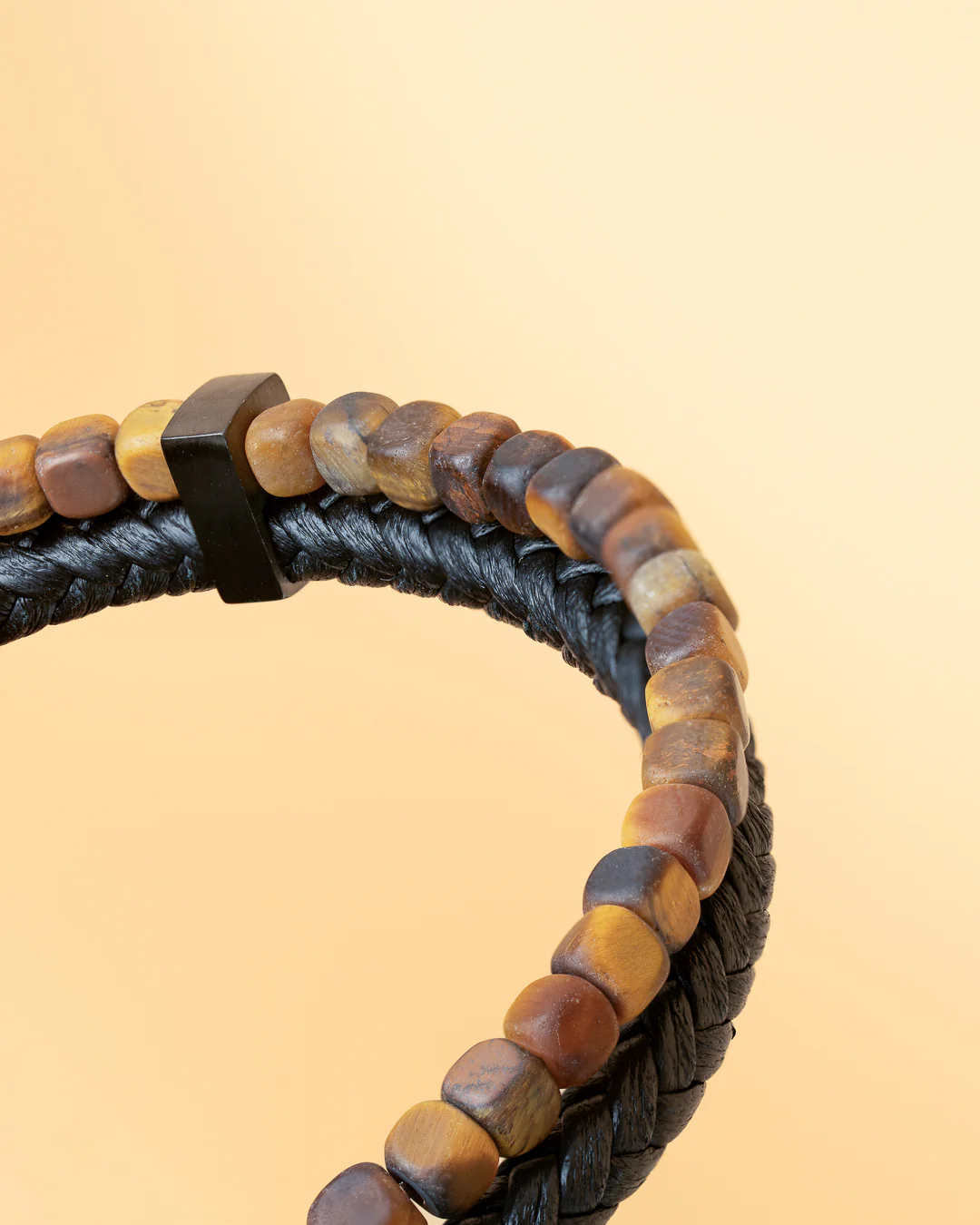 Double bracelet with black Italian leather and 4mm Tiger Eye stone - Image 3