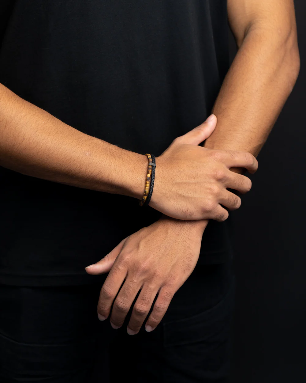 Double bracelet with black Italian leather and 4mm Tiger Eye stone - Image 4