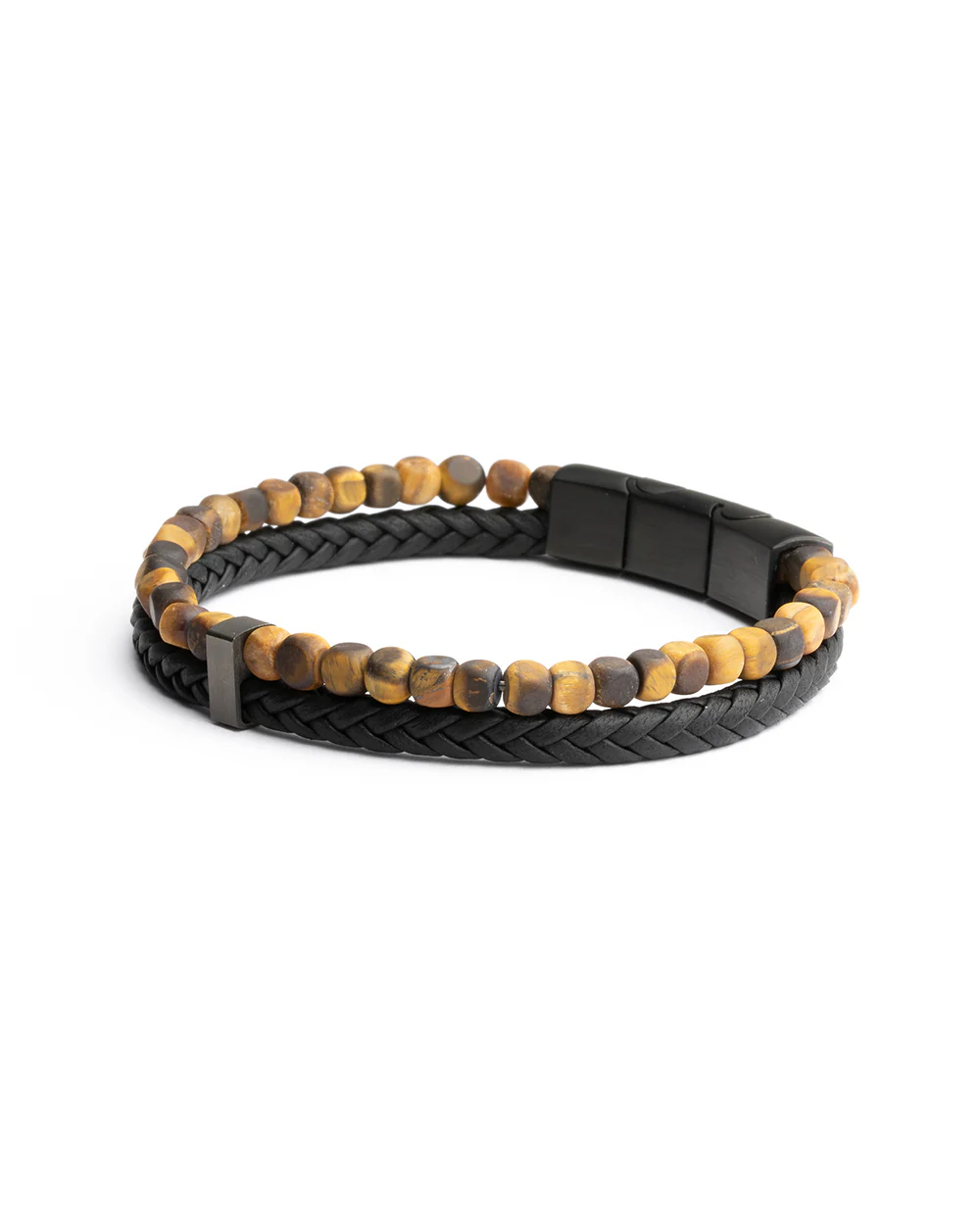 Double bracelet with black Italian leather and 4mm Tiger Eye stone - Image 5