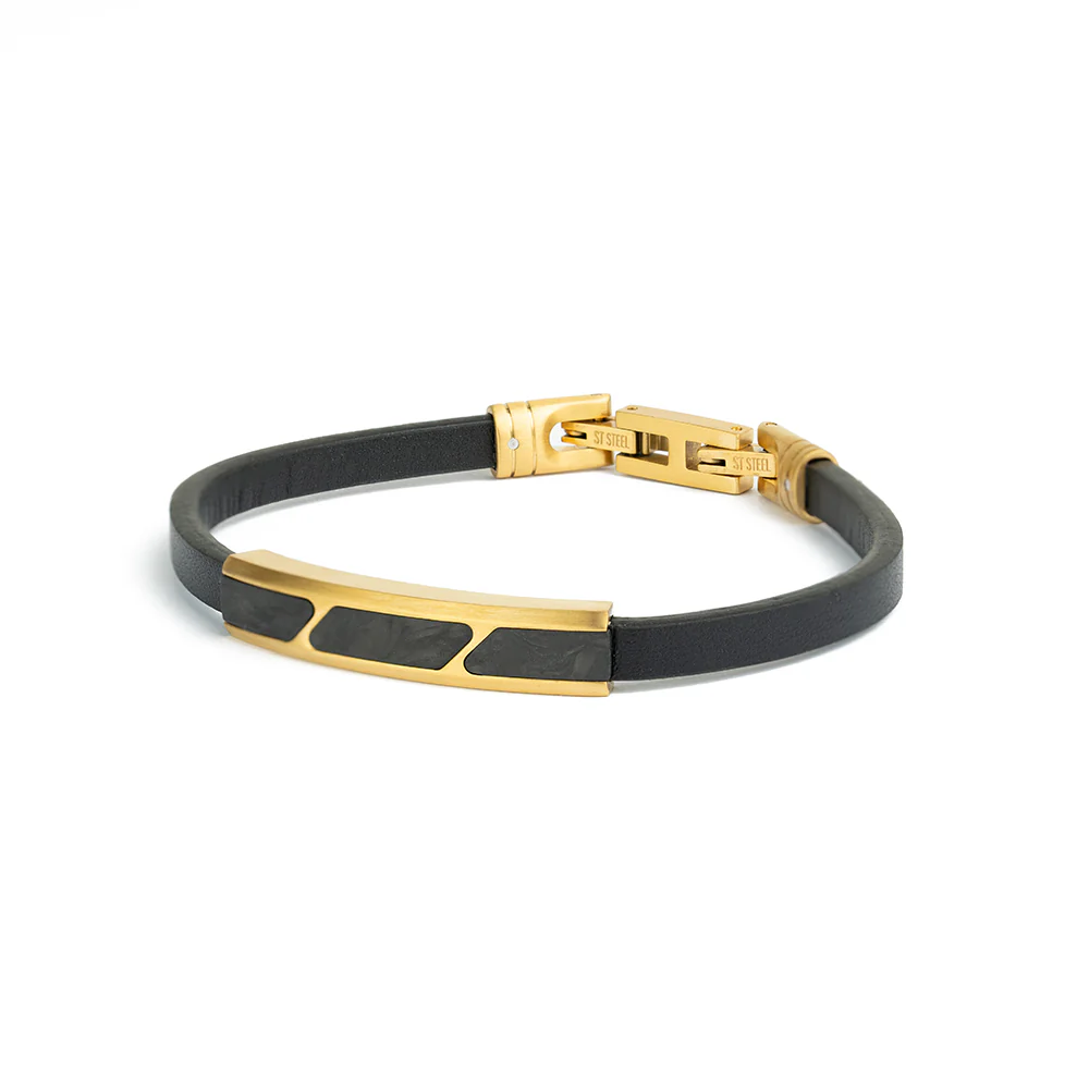 Black leather bracelet with gold-plated forged carbon - Image 5