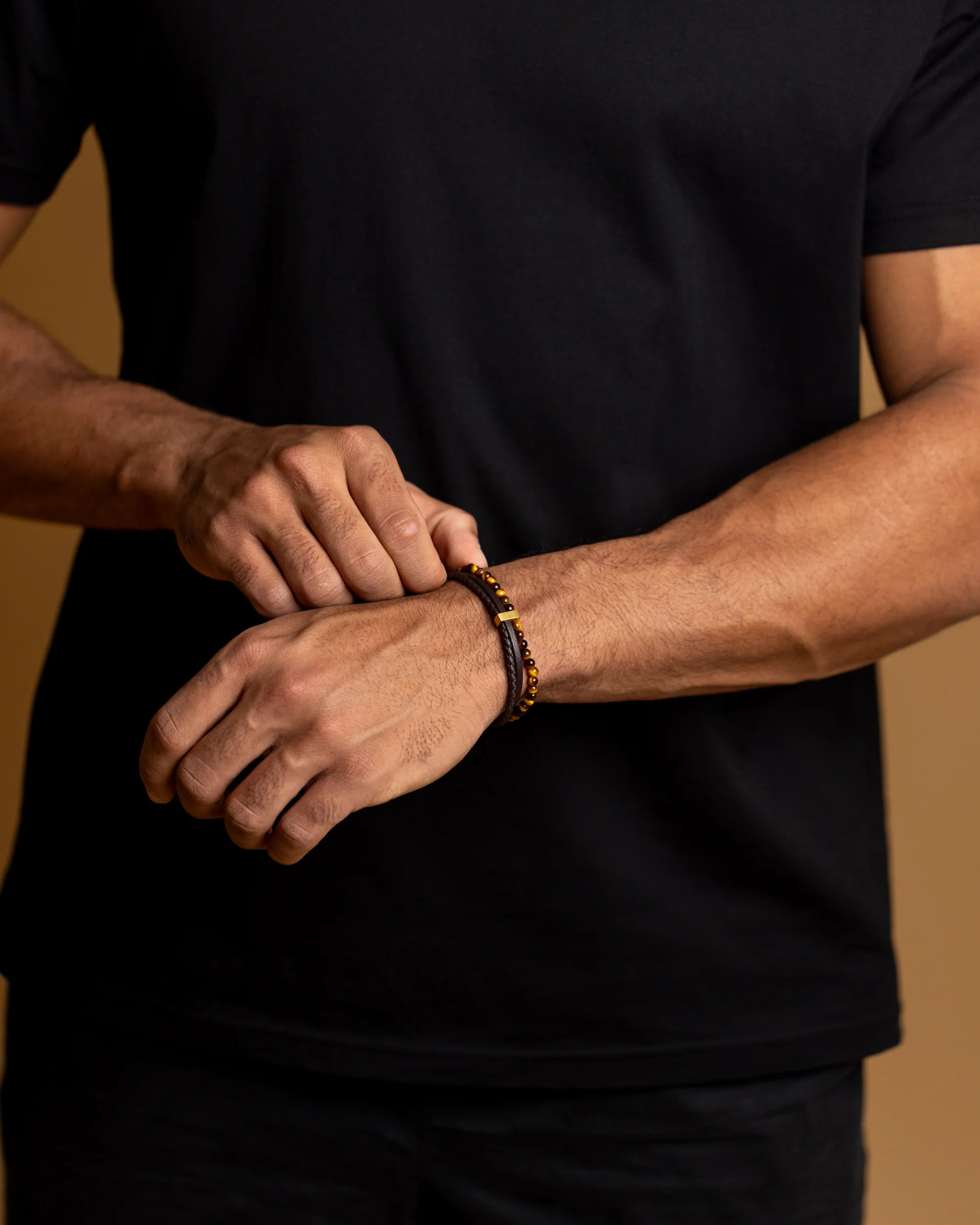 New triple bracelet with brown Italian leather and tiger eye stone - Image 2