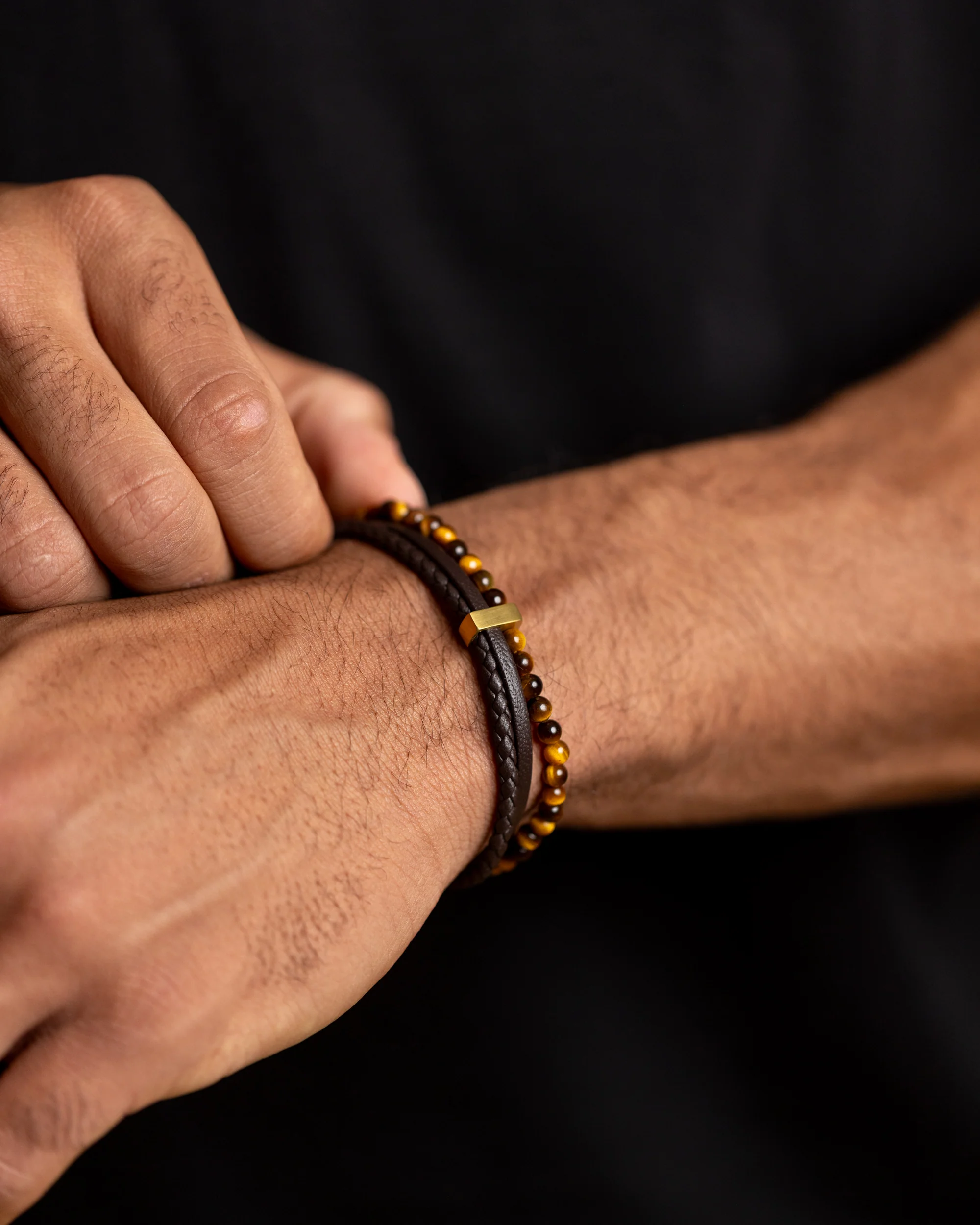 New triple bracelet with brown Italian leather and tiger eye stone - Image 3