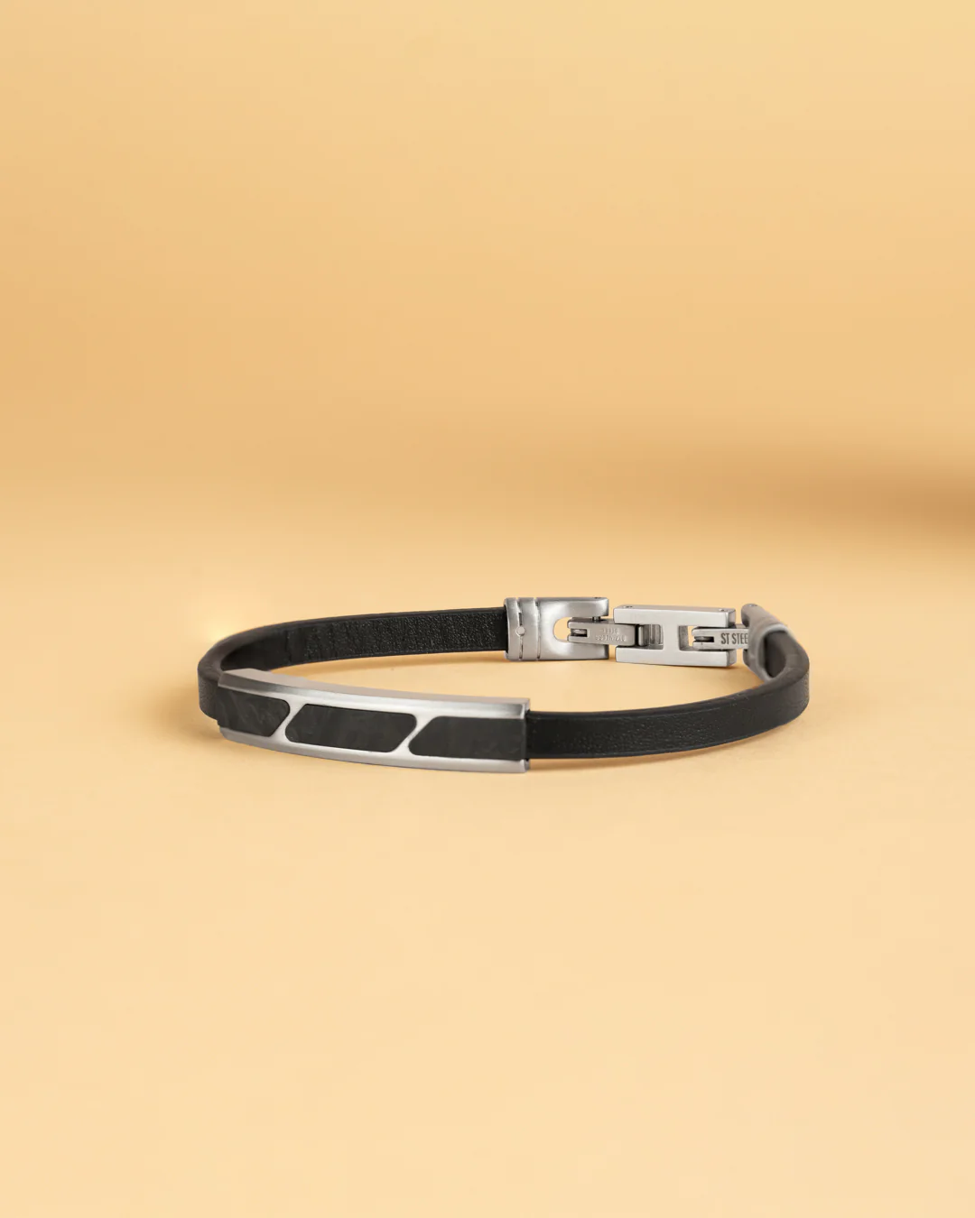 Black leather bracelet with forged carbon