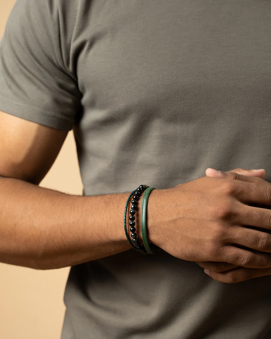 Triple bracelet with 6mm Green Tiger Eye stone and Nappa leather - Image 2
