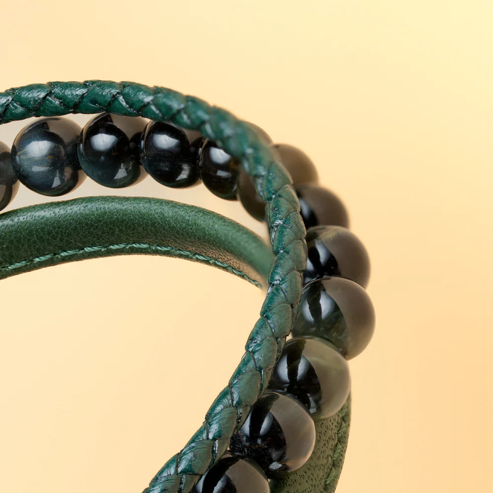 Triple bracelet with 6mm Green Tiger Eye stone and Nappa leather - Image 4