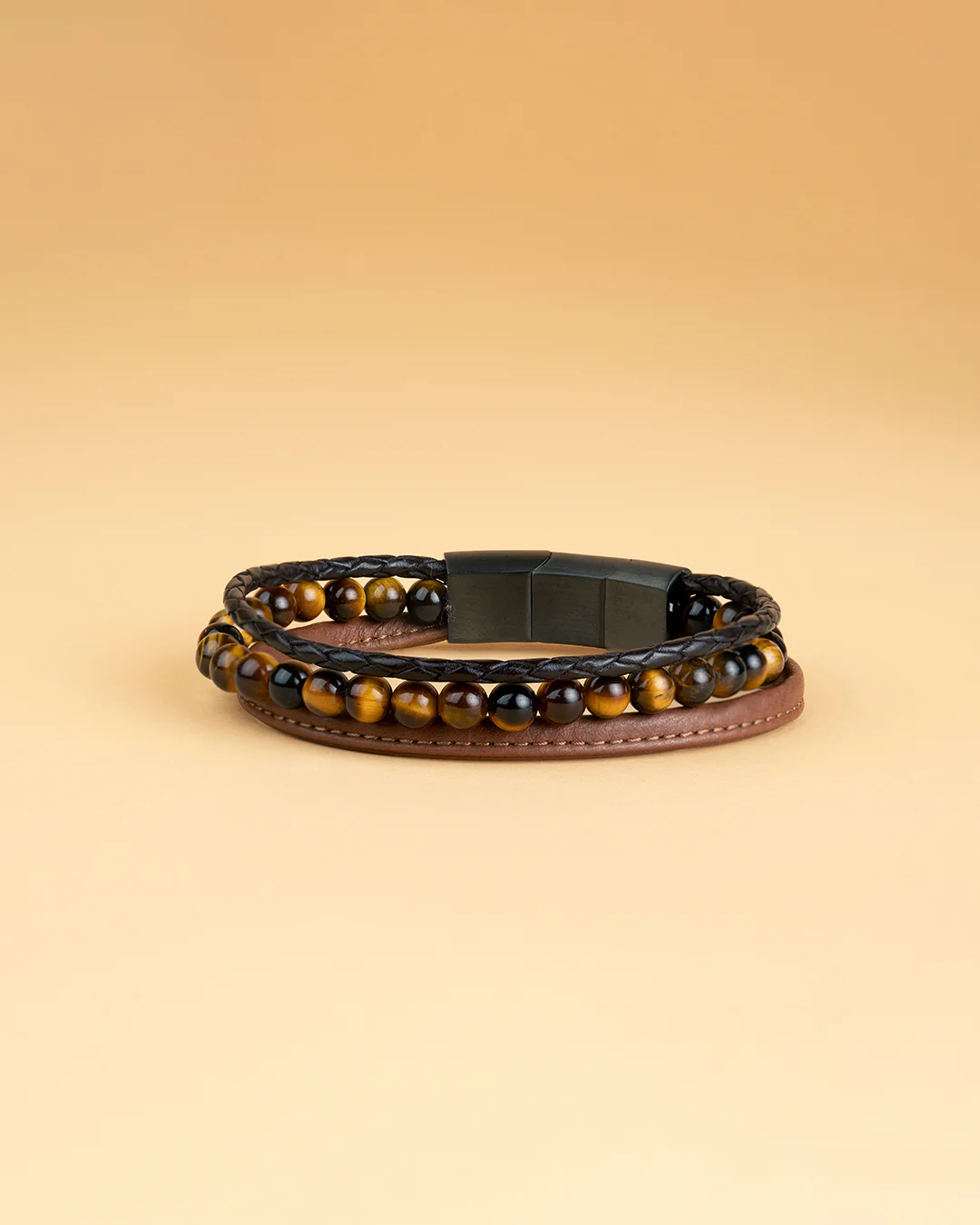 Triple bracelet with 6mm Tiger Eye stone and Nappa leather
