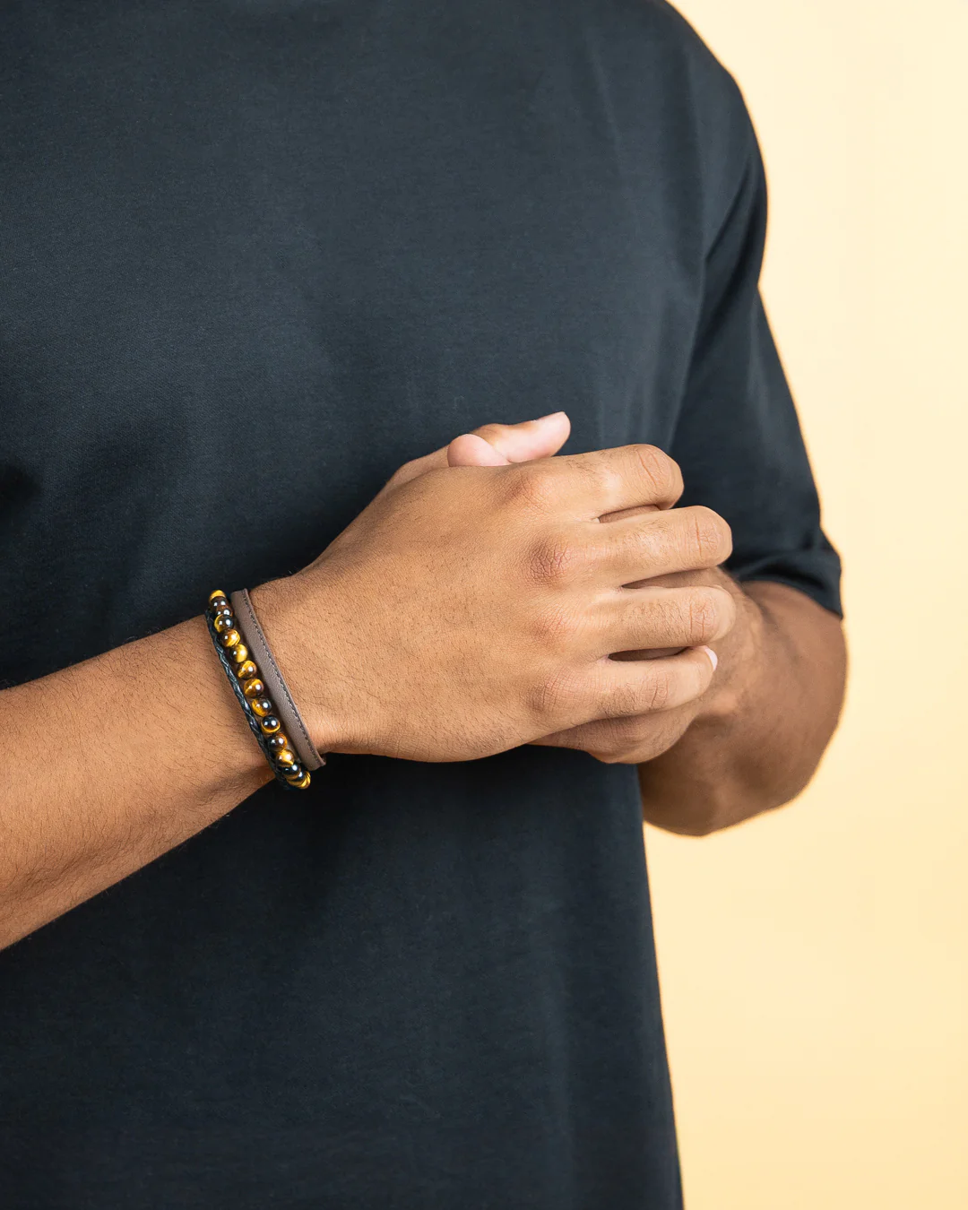 Triple bracelet with 6mm Tiger Eye stone and Nappa leather - Image 2