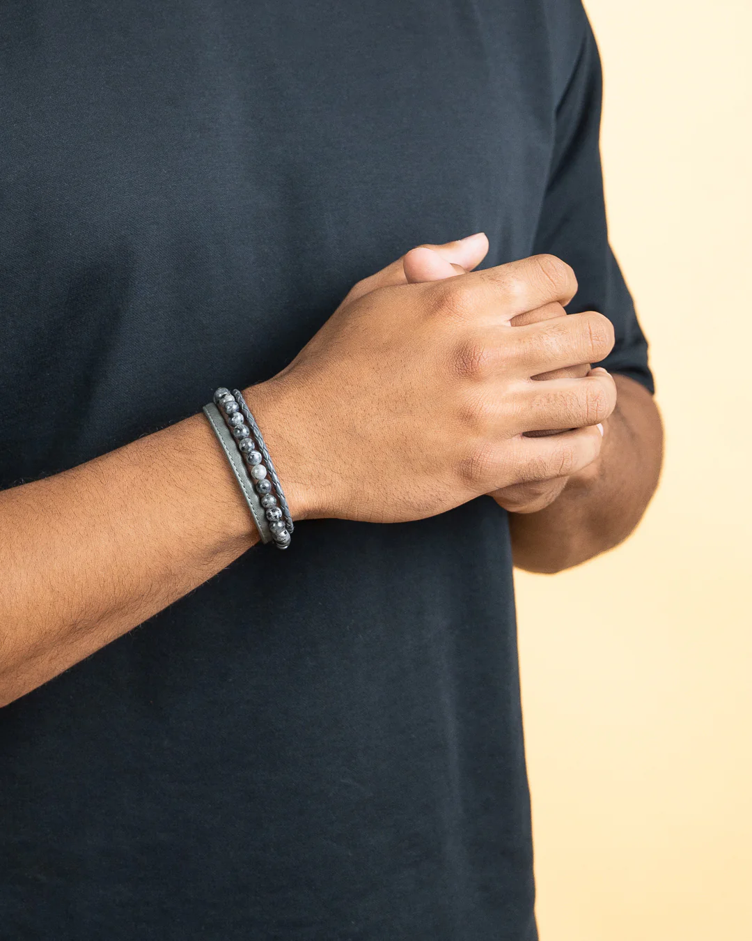 Triple bracelet with 6mm Larvikite stone and Nappa leather - Image 3