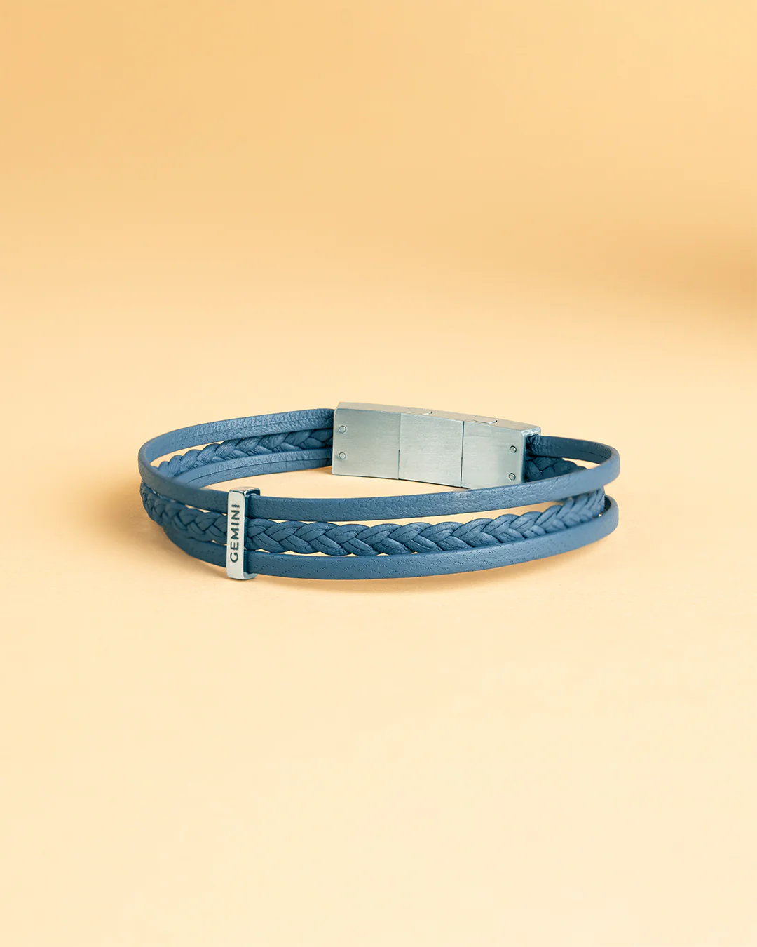 Triple light blue Italian nappa leather bracelet with silverplated finish